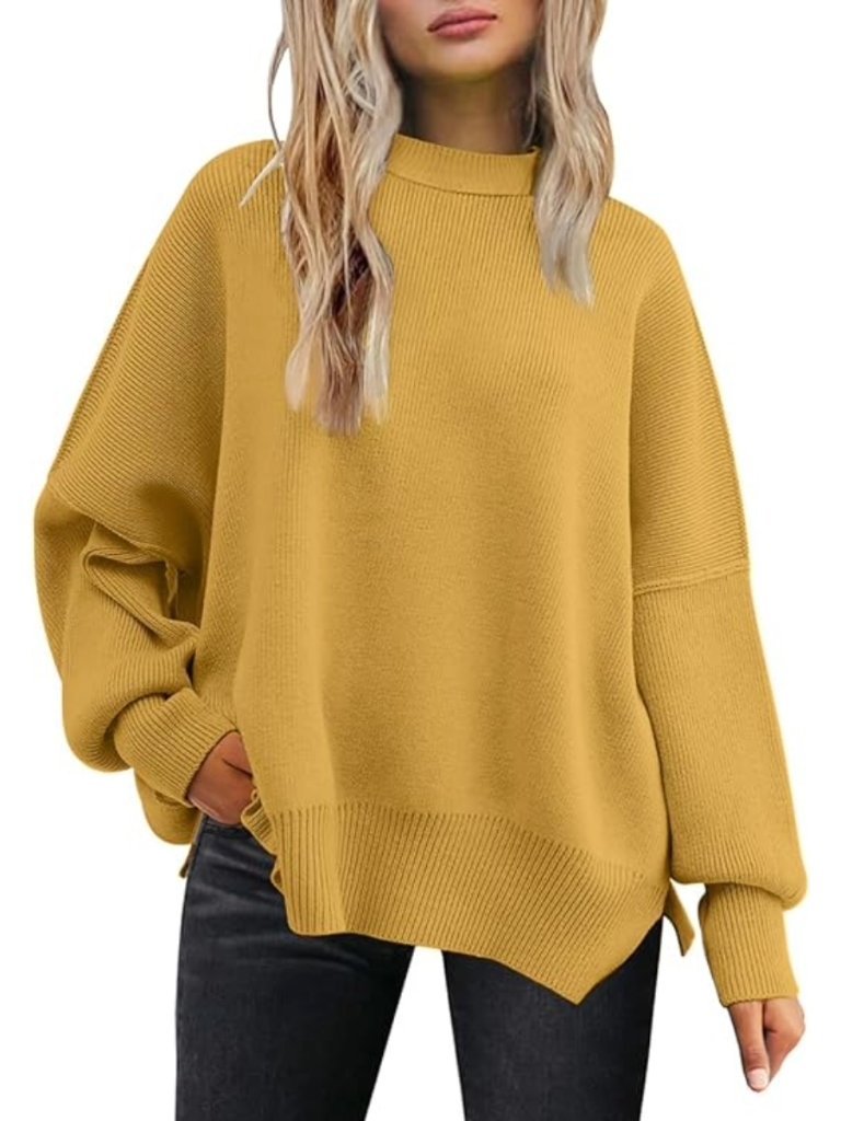 Women's Oversized Batwing Sweaters Crewneck Knit Side Slit, Yellow, Size Small